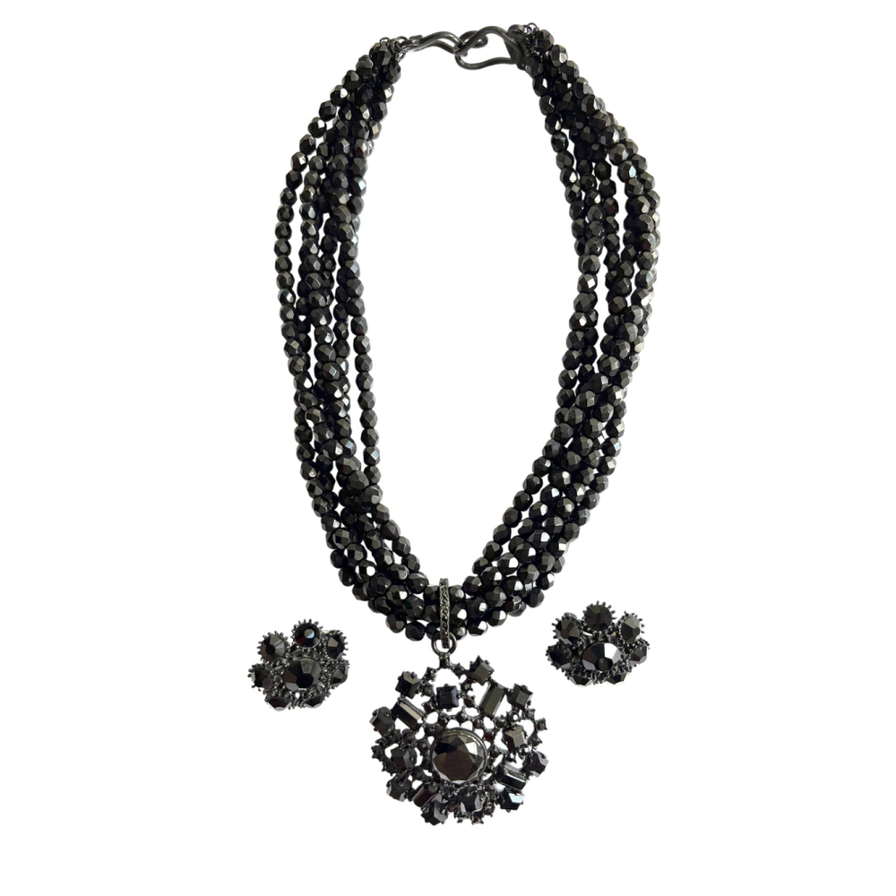 VTG 90s GRAZIANO Black Festive Beaded Necklace-Filigree Pendant & Earring Set
